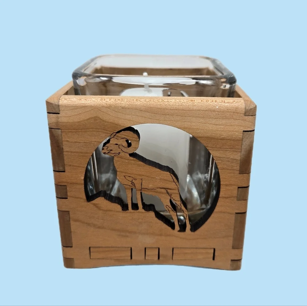 Wood You Tell Me Inc Cherry Wood Ram On Hill Cut Out Glass Insert Candle Holder